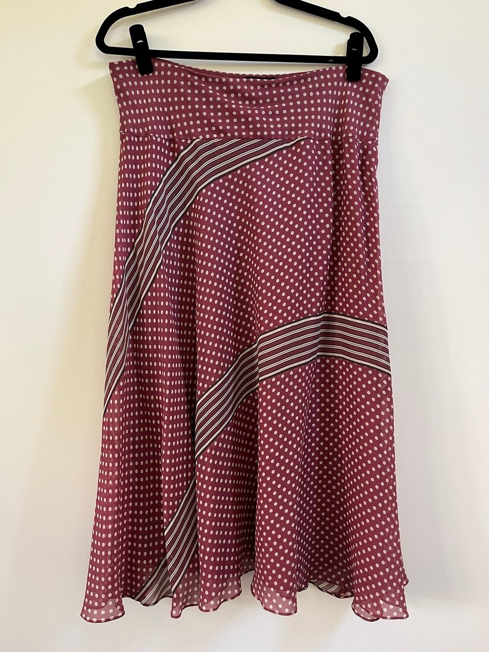 VTG 90s DKNY Silk Maxi Skirt Pink Polka Dot Striped Panel Sz L